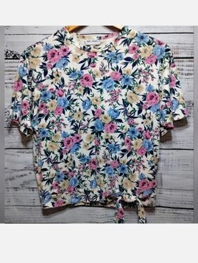 Vicki Wayne Floral Tie Shirt size Large 90's Y2K Flowers Cropped‎ Maximalist